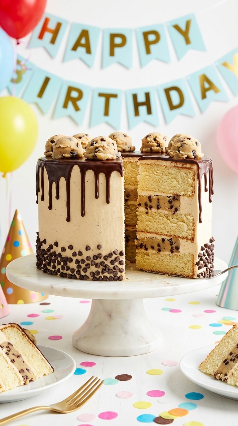 A tall layer cake filled with edible cookie dough layers, topped with dough scoops and chocolate drip.