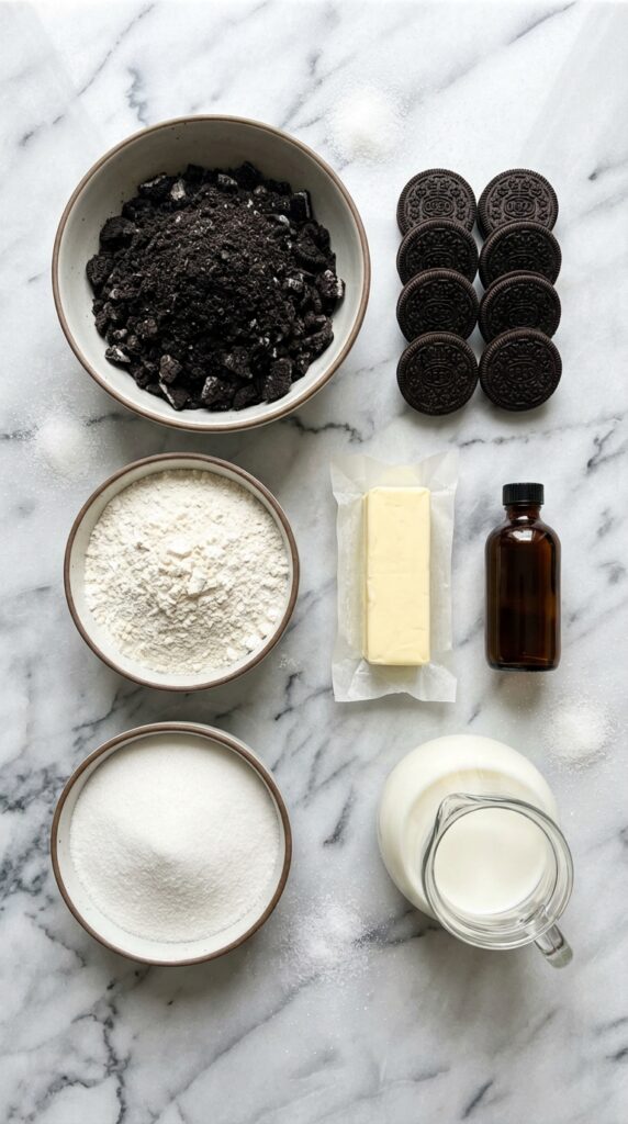 A flat lay showing crushed and whole Oreo cookies, flour, butter, milk, and sugar on a marble board.