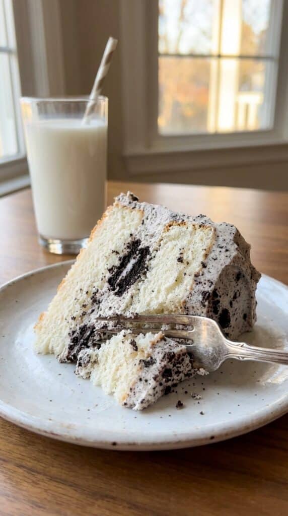A close-up of a tall slice of Oreo cake on a plate with a fork taking a bite, and a glass of milk in the background.