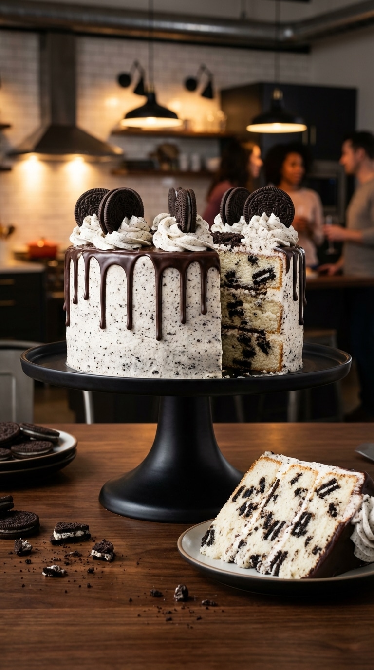 A whole three-layer Oreo cake with speckled frosting, chocolate drip, and whole cookies on top, with a slice removed showing the inside.