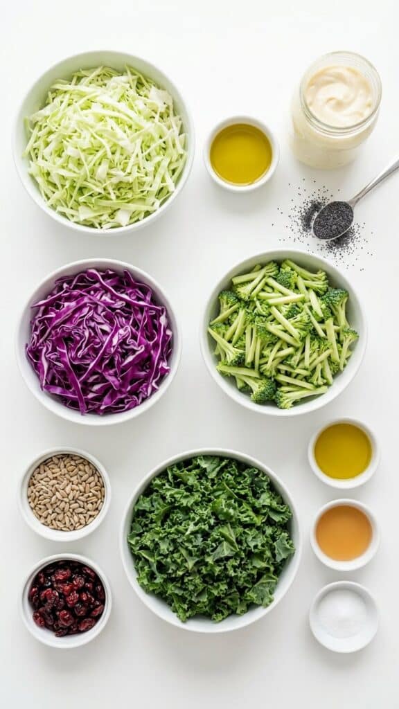 A flat lay showing bowls of kale, cabbage, broccoli slaw, sunflower seeds, cranberries, and dressing ingredients.