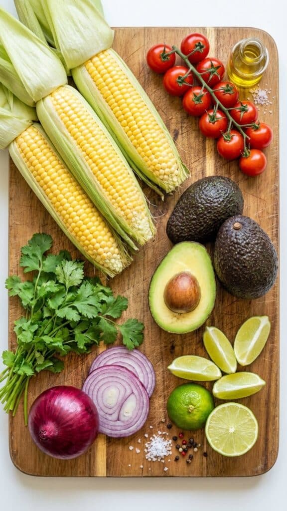 A flat lay showing fresh corn on the cob, cherry tomatoes, avocados, limes, and cilantro on a wooden board.