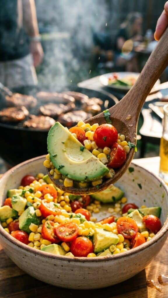 A close-up of a wooden spoon lifting a scoop of corn, tomato, and avocado salad.