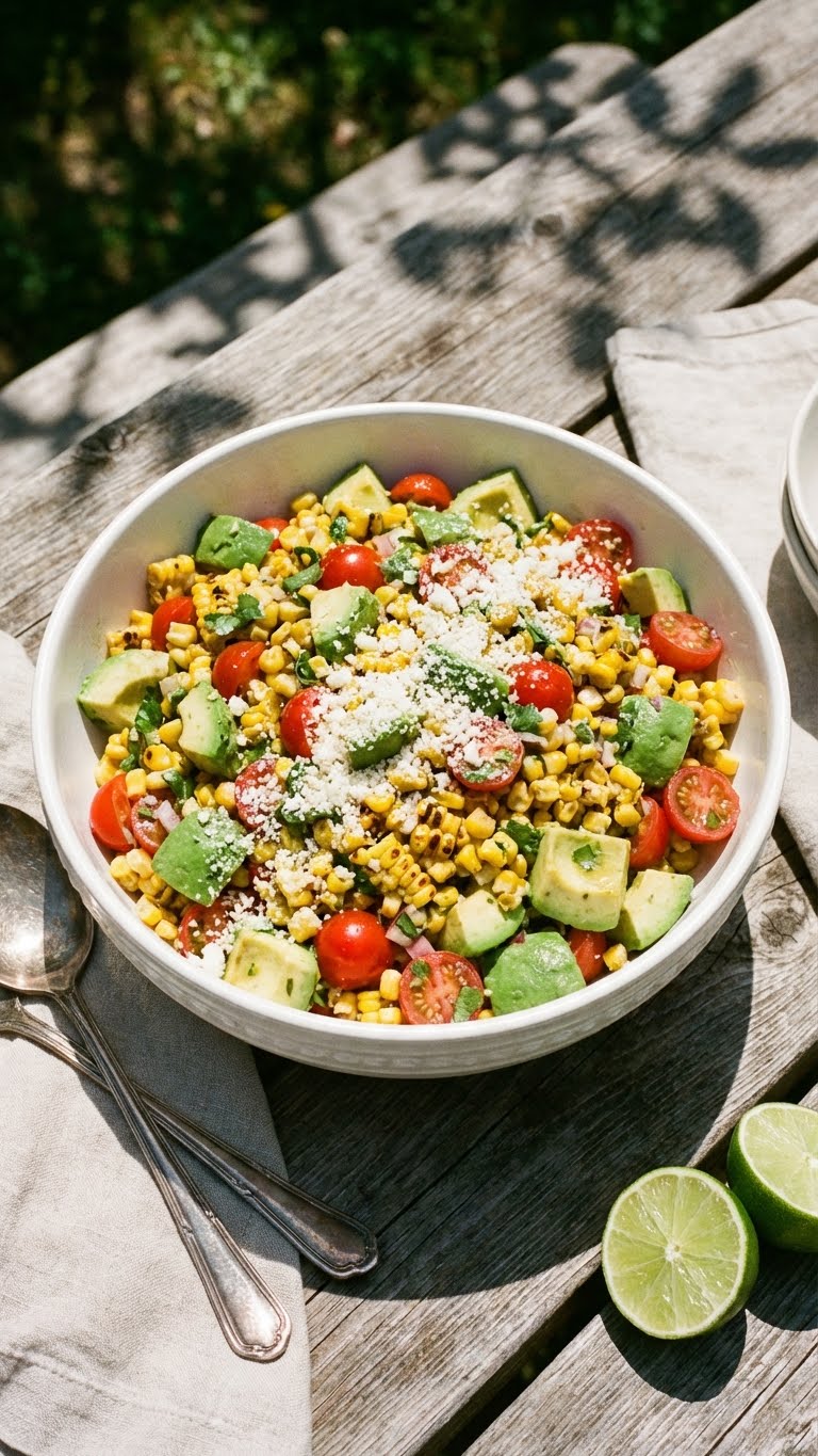 A large bowl of summer salad with corn, tomatoes, avocado, and cilantro in a lime dressing.