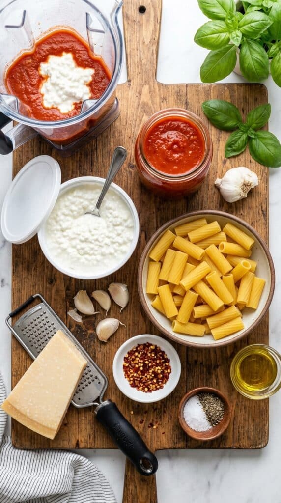 A flat lay showing a tub of cottage cheese, marinara sauce, dry pasta, and parmesan cheese on a wooden board.