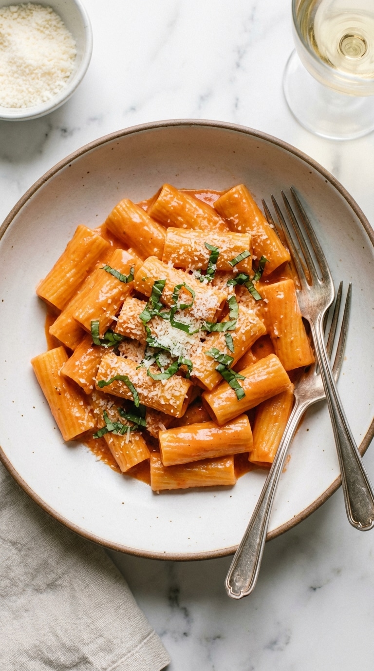 A bowl of rigatoni pasta covered in a creamy pink cottage cheese tomato sauce topped with basil.