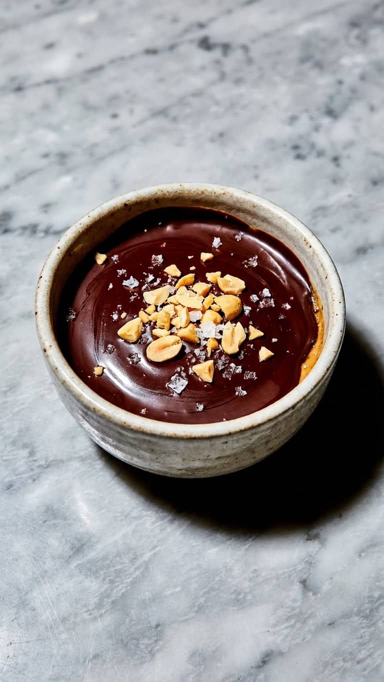 A bowl of dessert topped with a hard chocolate shell, chopped peanuts, and sea salt.