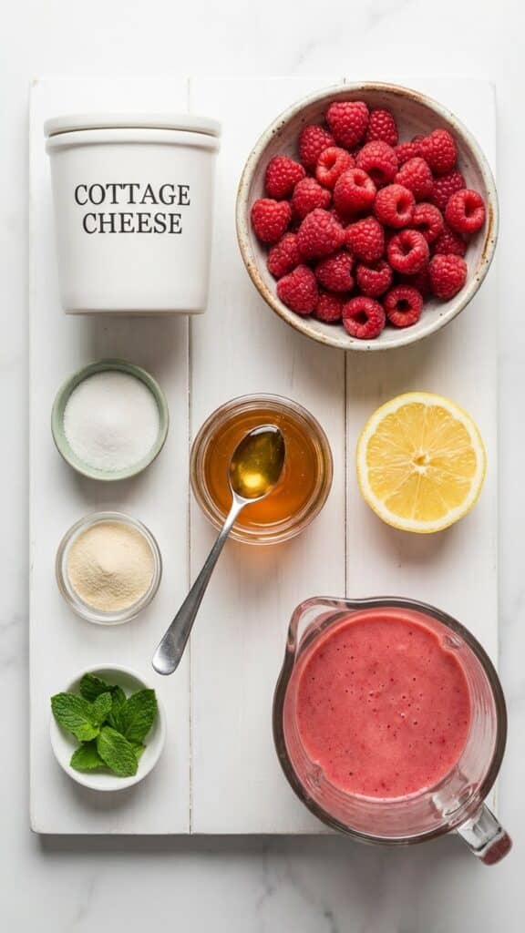 A flat lay showing a tub of cottage cheese, fresh raspberries, honey, and lemon on a white board.