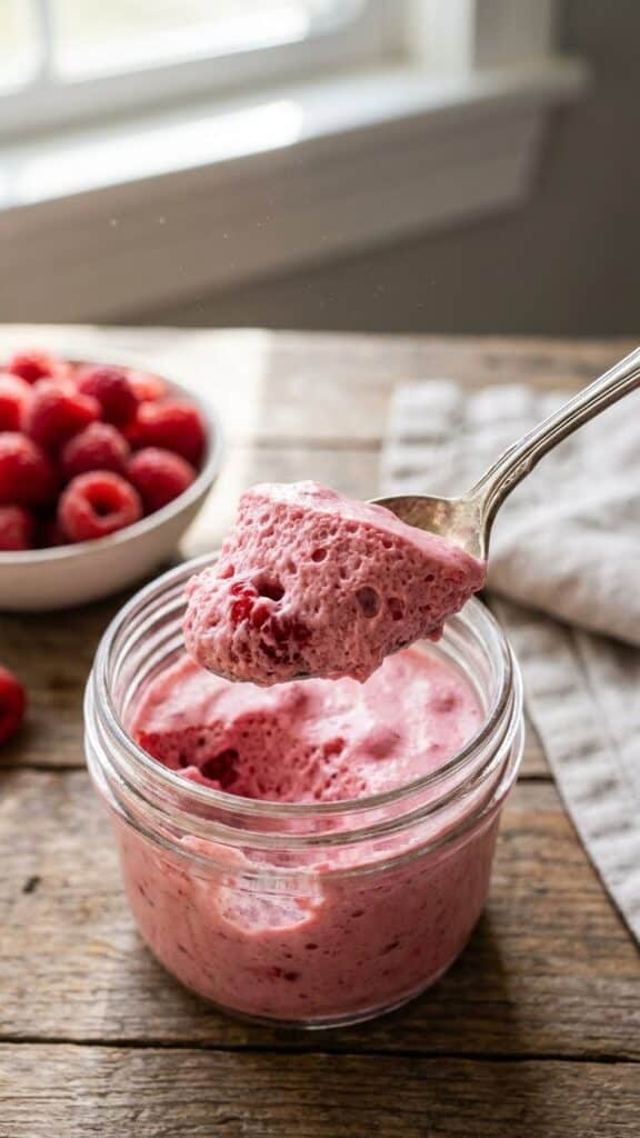 A close-up of a spoon lifting a scoop of fluffy pink raspberry mousse.