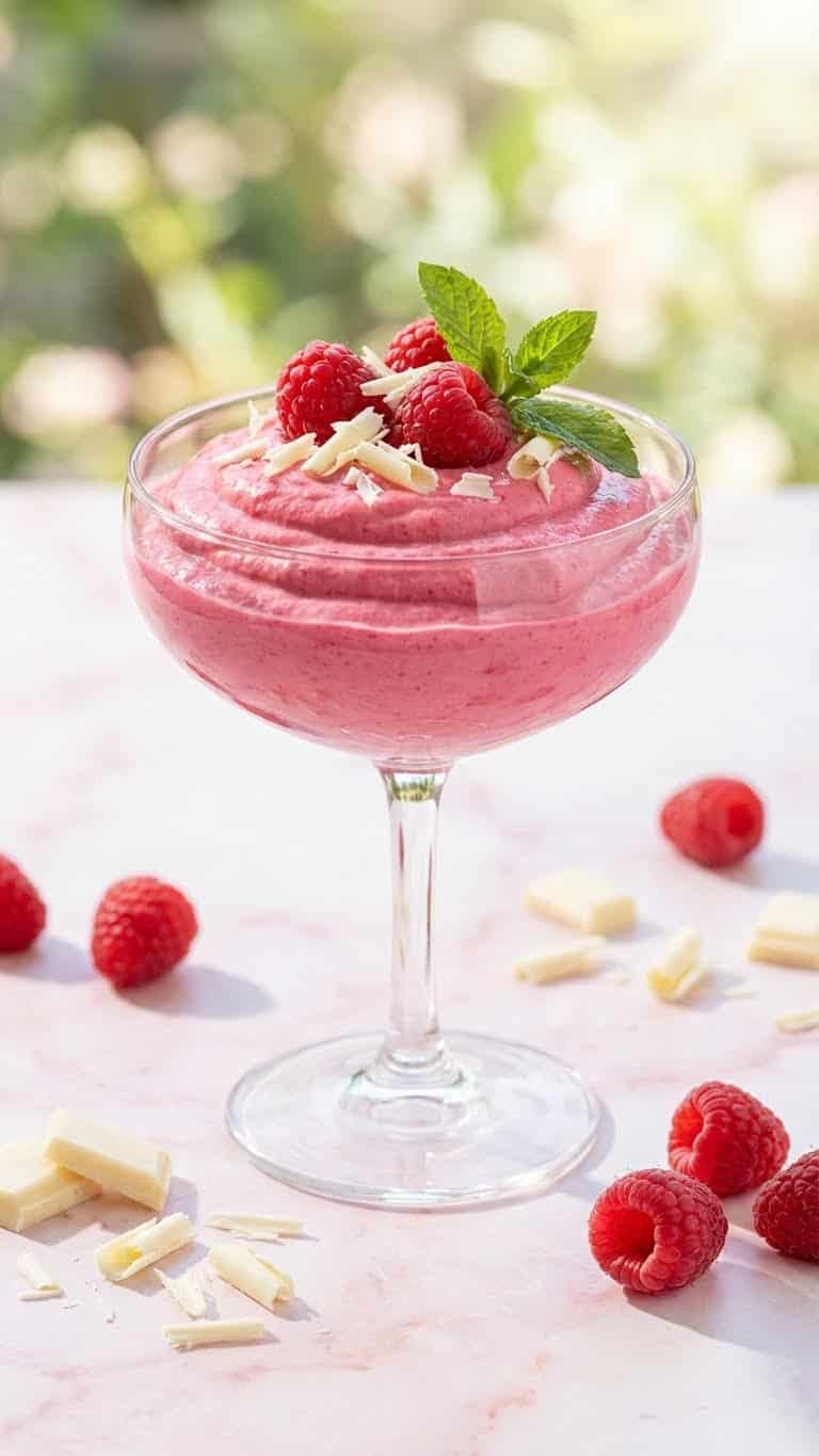 A glass dessert cup filled with vibrant pink creamy raspberry mousse topped with fresh berries and white chocolate.