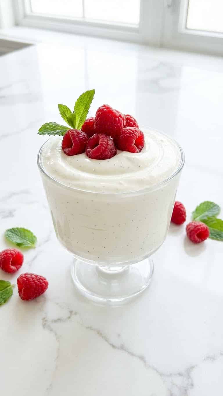 A glass cup filled with smooth white vanilla mousse topped with fresh raspberries and mint.