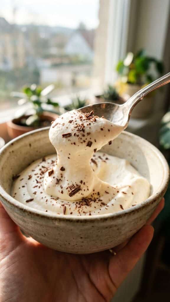 : A close-up of a spoon lifting a thick dollop of vanilla mousse with chocolate shavings.