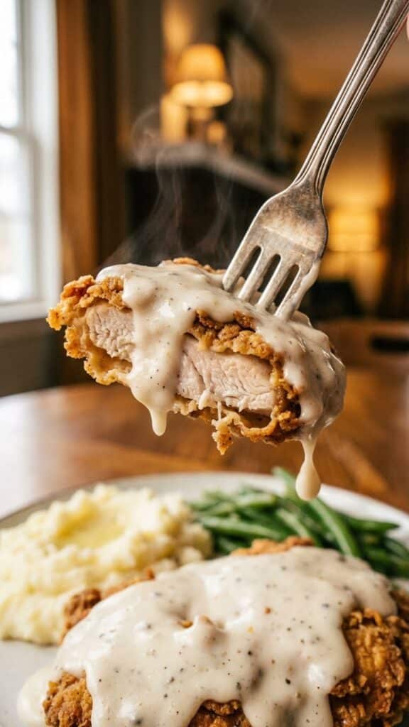 A close-up of a fork lifting a bite of crispy country fried chicken covered in white gravy, with steam rising.