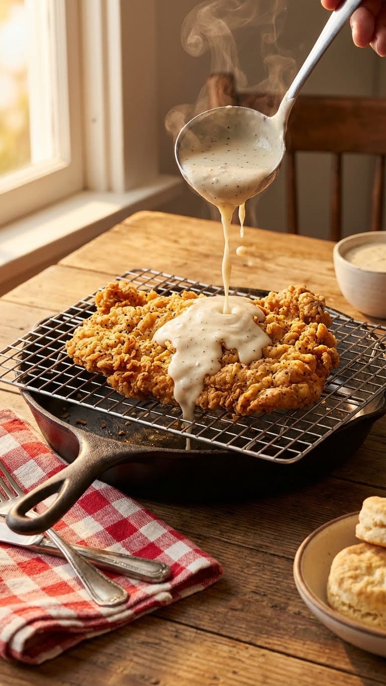 Golden brown, crispy country fried chicken steaks on a rack over a cast iron skillet, having white pepper gravy poured over them.