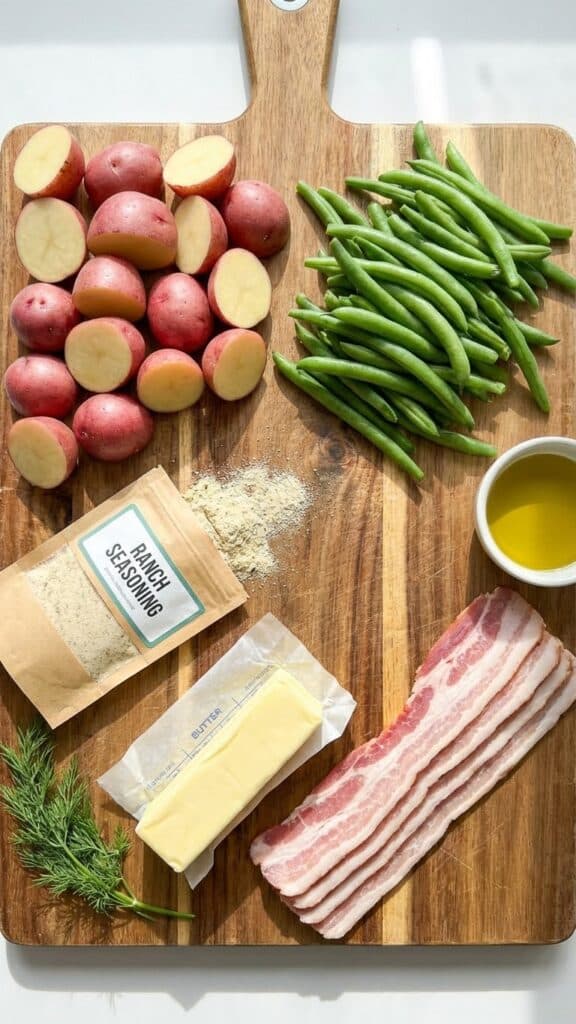 Overhead flat lay of ingredients: red potatoes, green beans, ranch seasoning packet, butter, and bacon.