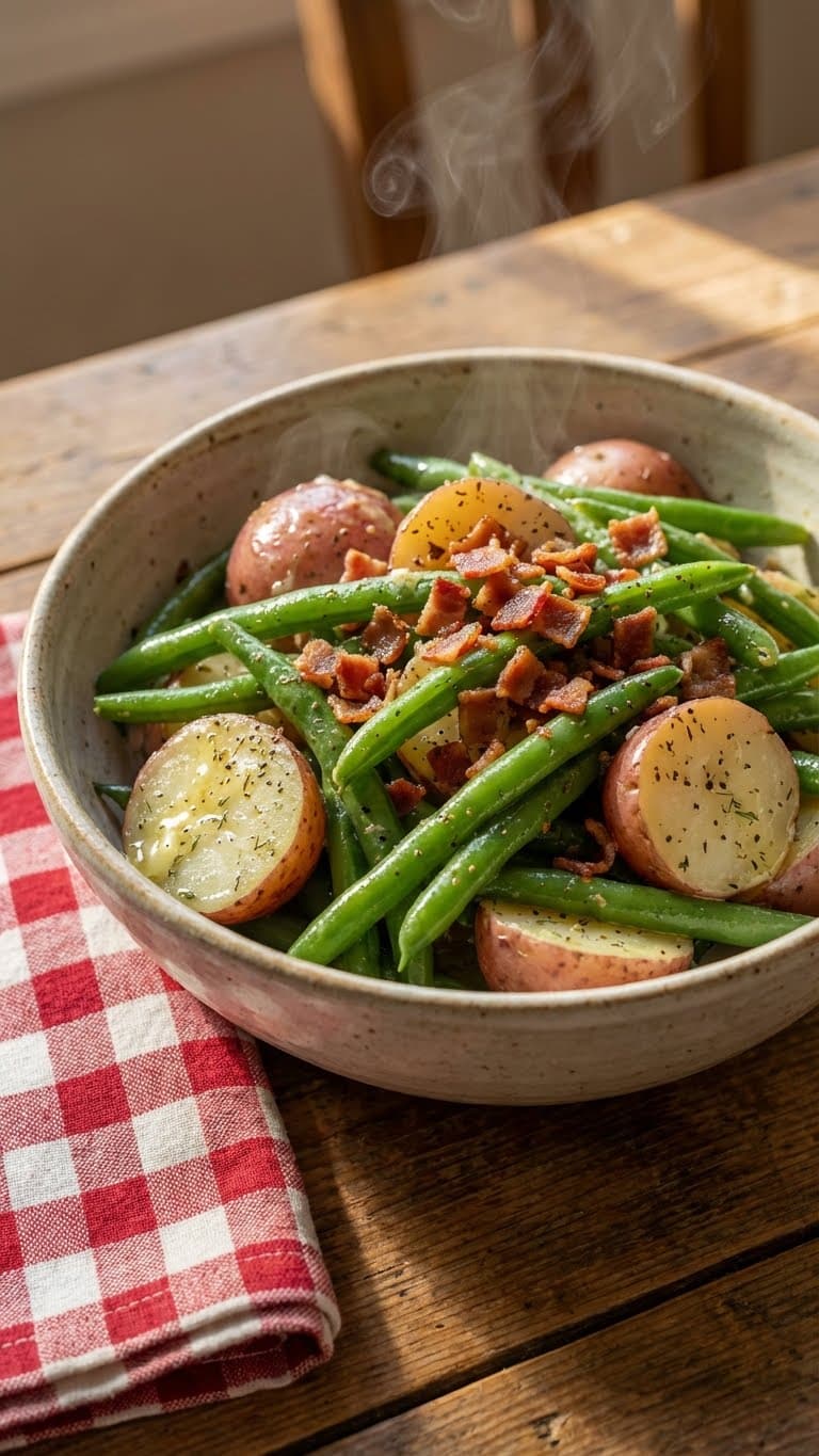 A bowl of tender red potatoes and green beans coated in ranch butter and topped with crispy bacon.