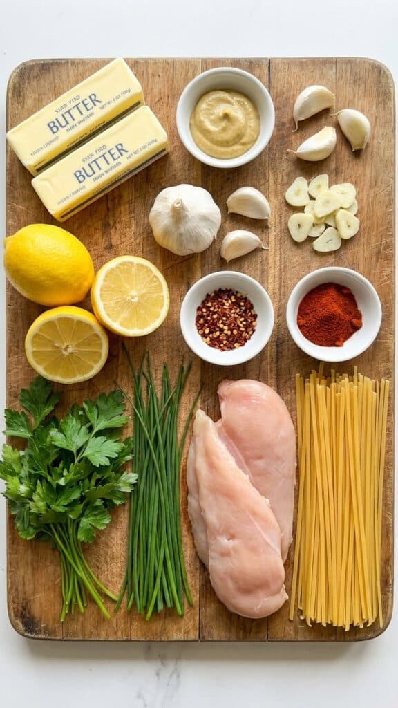 A flat lay showing butter, Dijon mustard, lemons, chili flakes, herbs, chicken, and pasta on a wooden board.