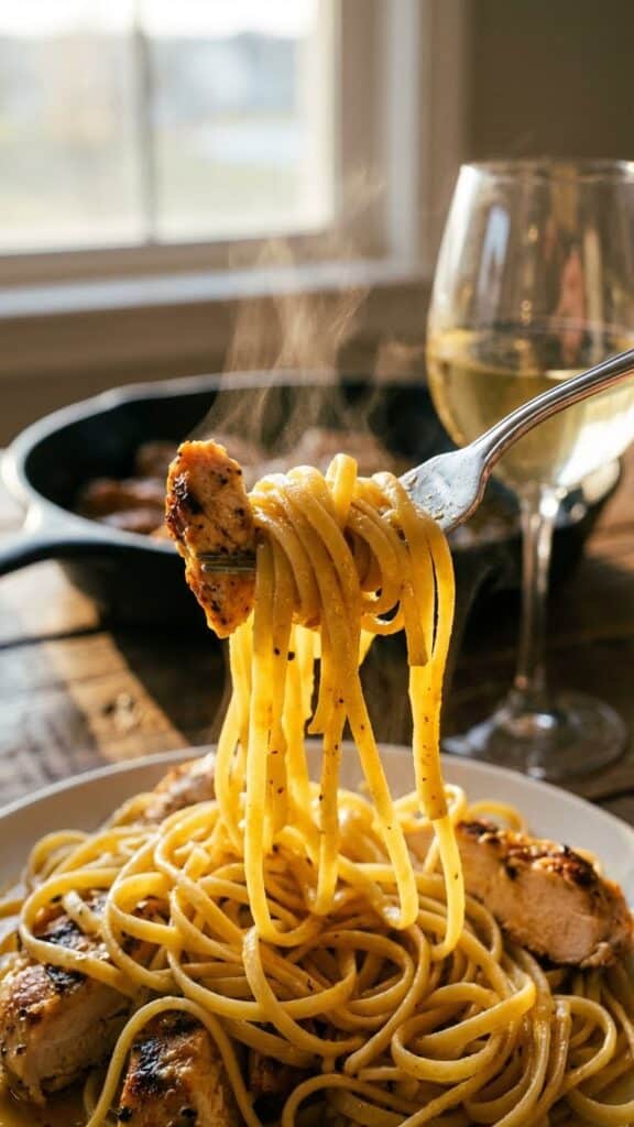 A close-up of a fork lifting a saucy bite of linguine and chicken, dripping with golden butter sauce.