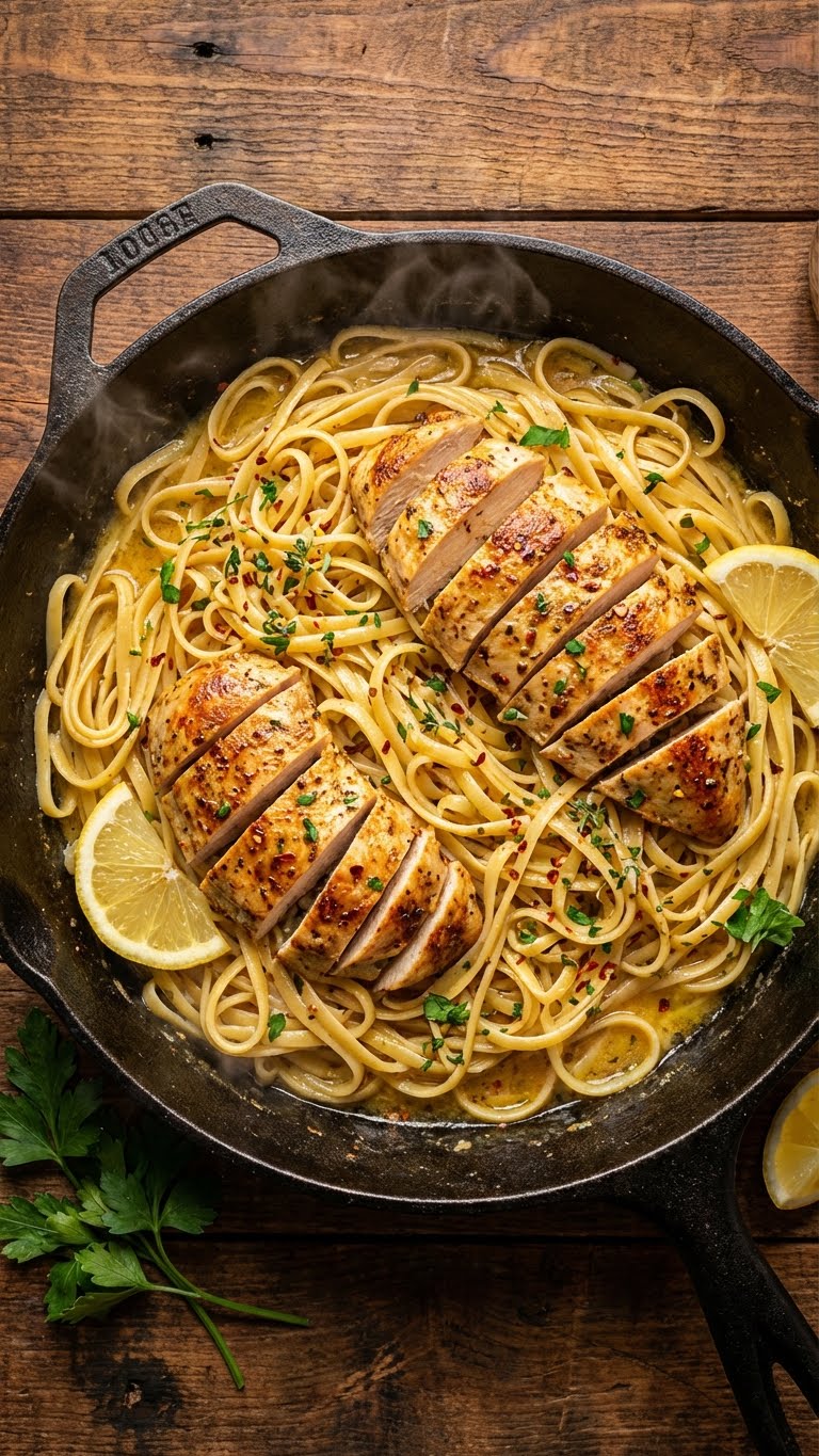 A cast iron skillet filled with linguine and chicken tossed in a spicy, golden garlic butter sauce with herbs.