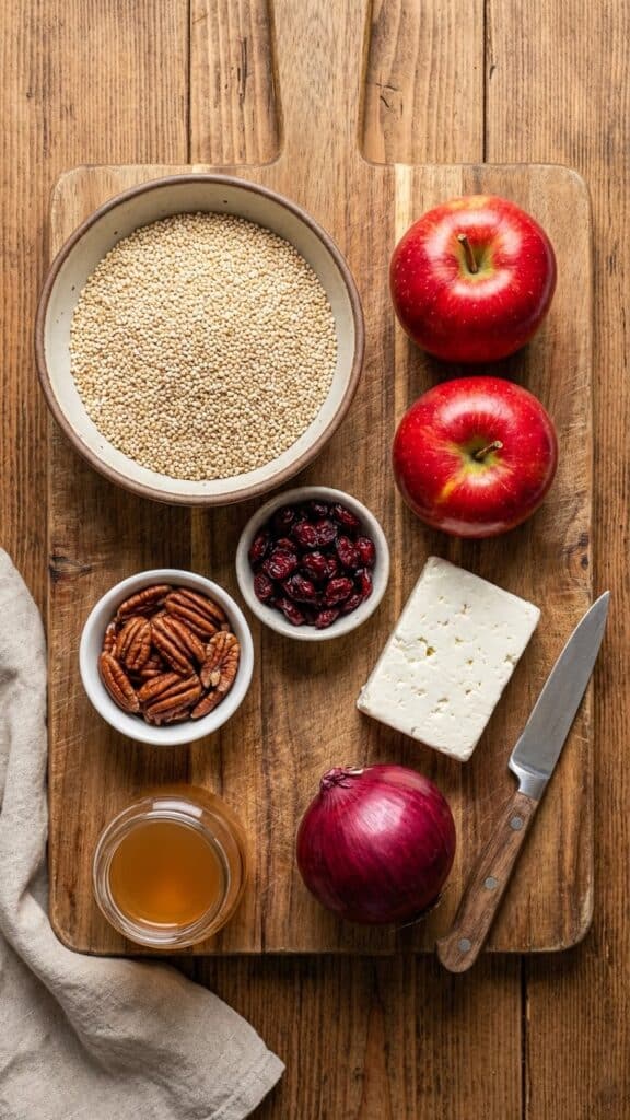 A flat lay showing raw quinoa, red apples, cranberries, pecans, feta cheese, and dressing ingredients on a wooden board.