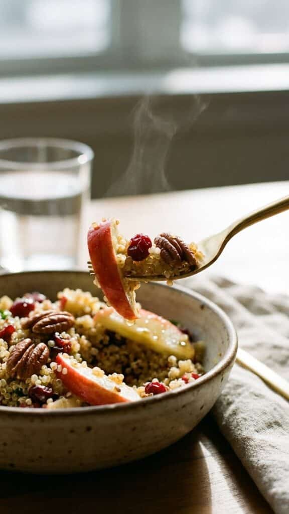 A close-up of a fork lifting a bite of quinoa salad with apple and cranberry.