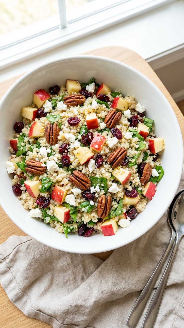 A top-down view of a large bowl filled with quinoa salad containing apples, cranberries, pecans, and feta cheese.
