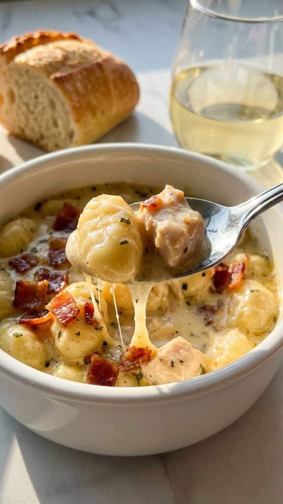 A close-up of a spoon lifting a creamy gnocchi dumpling and chicken from a bowl with bacon topping.