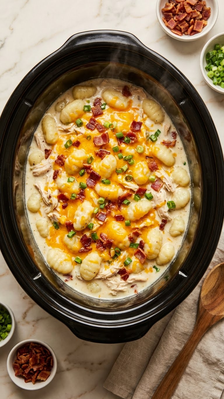 A top-down view inside a slow cooker filled with creamy chicken and gnocchi soup, topped with bacon, cheddar, and green onions.