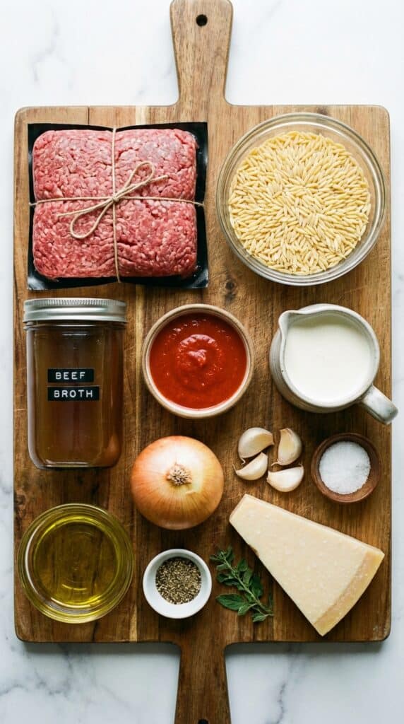 A flat lay showing raw ground beef, dry orzo pasta, beef broth, cream, and tomato sauce on a wooden board.