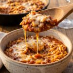 A close-up of a spoon lifting a bite of creamy orzo with ground beef, showing a thick sauce.