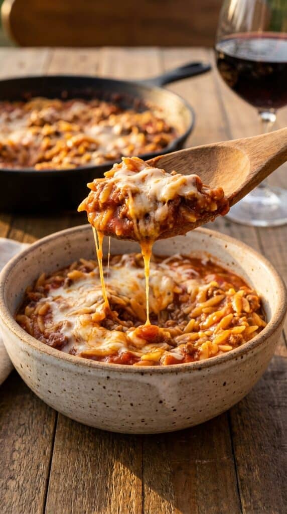 A close-up of a spoon lifting a bite of creamy orzo with ground beef, showing a thick sauce.