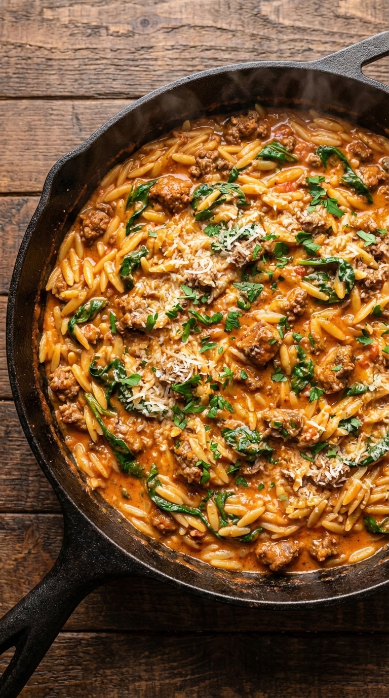 A top-down view of a skillet filled with creamy tomato ground beef and orzo pasta, garnished with cheese and spinach.