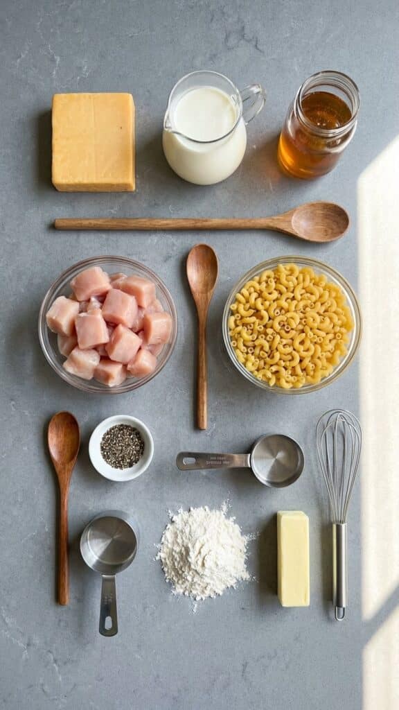 Overhead flat lay of ingredients: elbow macaroni, cheddar cheese, cream, raw chicken, honey, and black peppercorns.