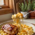 A close-up POV shot of a fork lifting a bite of creamy mac and cheese and a sticky honey pepper chicken piece.