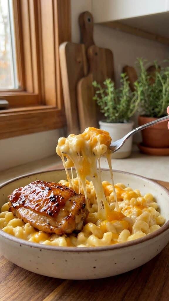 A close-up POV shot of a fork lifting a bite of creamy mac and cheese and a sticky honey pepper chicken piece.