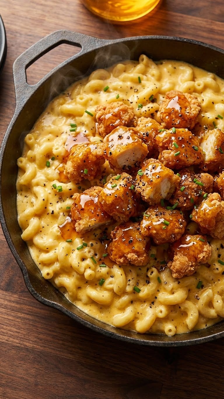 A cast iron skillet filled with creamy mac and cheese topped with crispy fried chicken glazed in honey and black pepper.