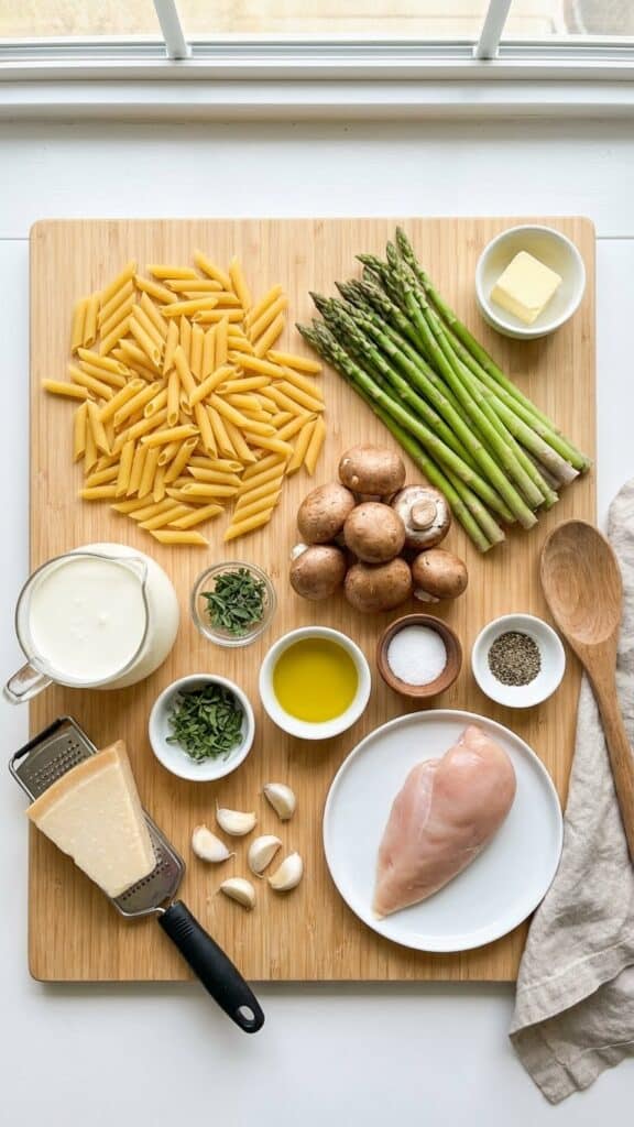 A flat lay showing raw penne, asparagus, mushrooms, cream, parmesan, and chicken on a wooden board.