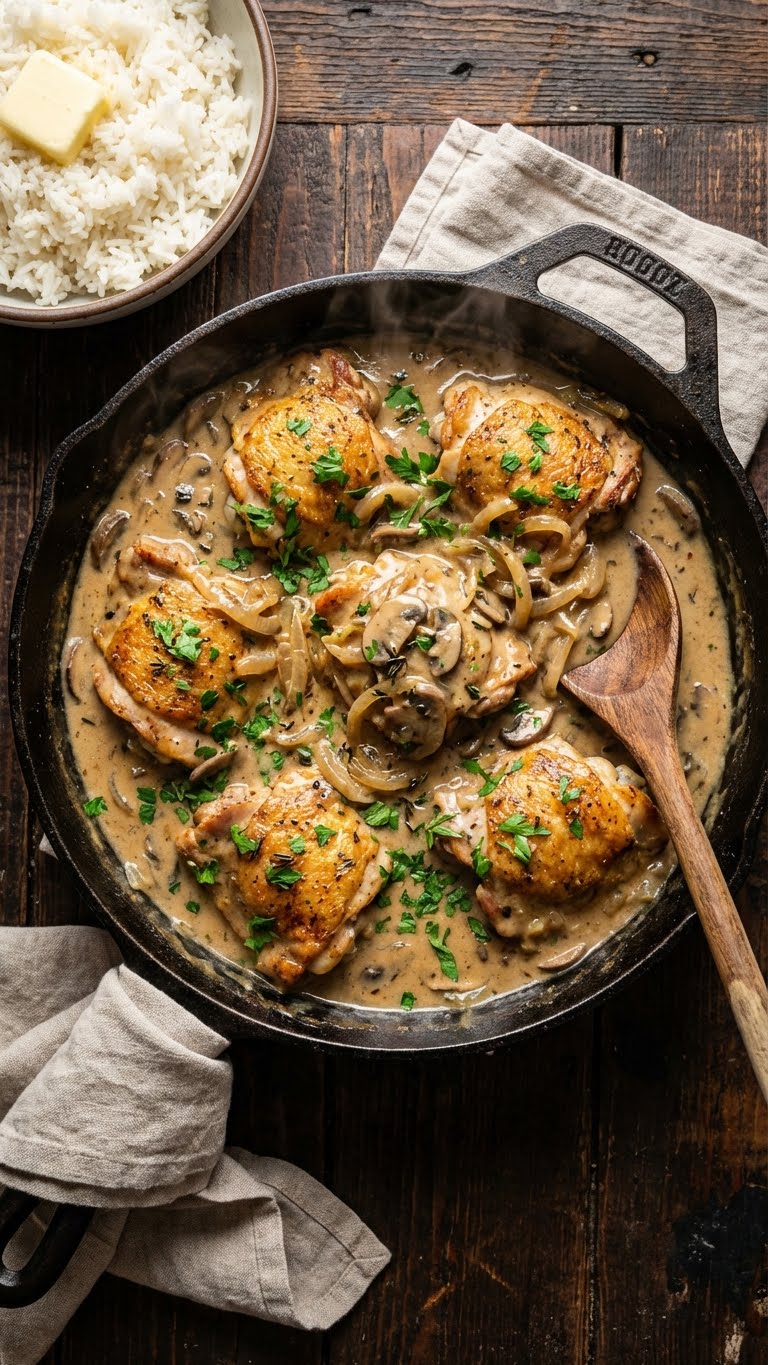A top-down view of a cast iron skillet filled with chicken thighs in a creamy onion gravy, garnished with parsley.