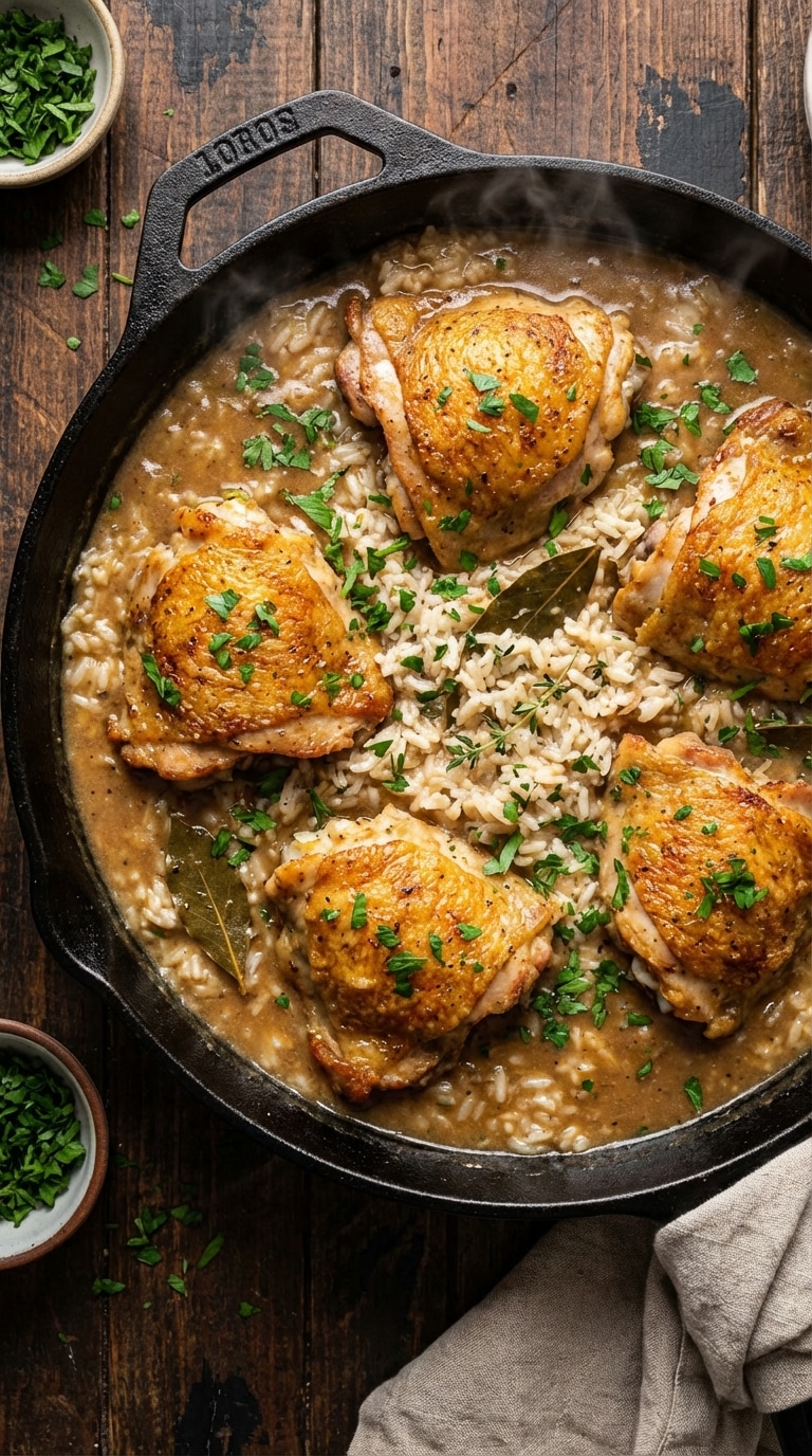 A top-down view of a cast iron skillet filled with creamy rice and golden brown seared chicken thighs.