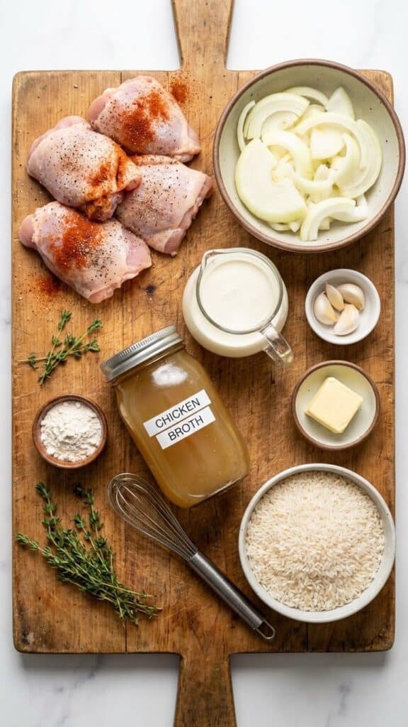 A flat lay showing raw chicken thighs, sliced onions, heavy cream, broth, and rice on a wooden board.