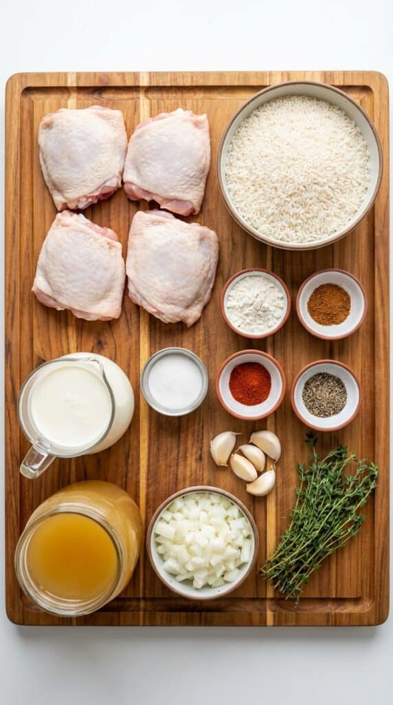 A flat lay showing raw chicken thighs, dry rice, heavy cream, broth, onion, and herbs on a wooden board.