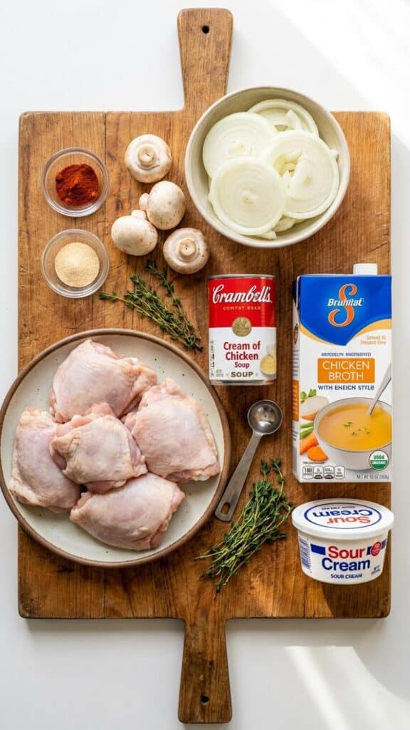 A flat lay showing raw chicken thighs, sliced onions, mushrooms, broth, cream soup, and sour cream on a wooden board.
