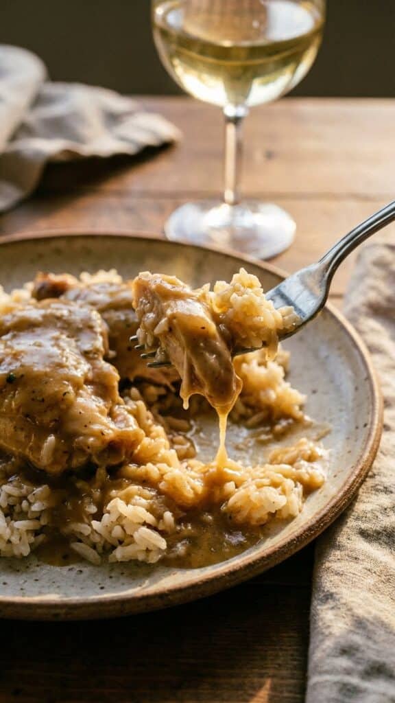 A close-up of a fork lifting a bite of chicken and rice coated in creamy onion gravy.