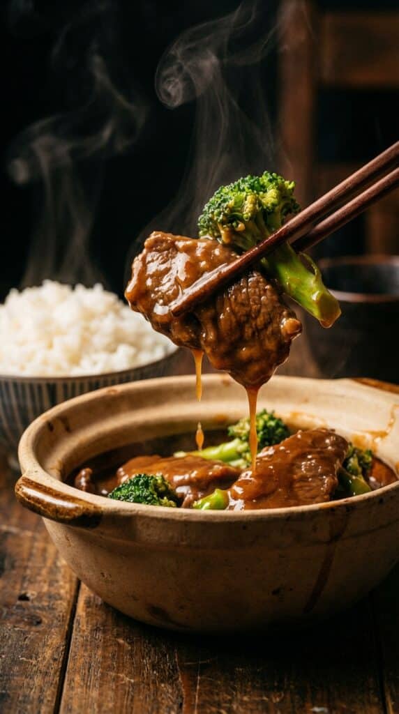 A close-up of chopsticks lifting glossy beef and broccoli from a rice bowl.