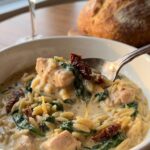 A close-up of a spoon lifting a creamy bite of chicken, orzo, and sun-dried tomatoes from a bowl.