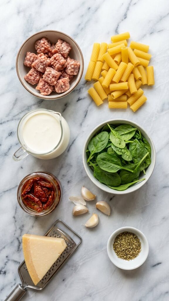Overhead flat lay view of ingredients: raw sausage meat, dry rigatoni, heavy cream, fresh spinach, sundried tomatoes, garlic, and Parmesan on marble.