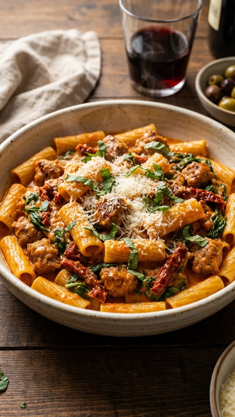 A large rustic bowl filled with creamy rigatoni pasta, browned Italian sausage crumbles, wilted spinach, and sundried tomatoes, garnished with Parmesan and basil.