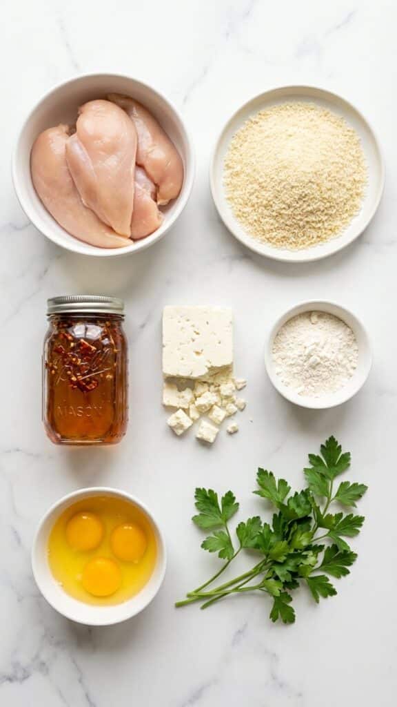 Overhead flat lay view of ingredients: raw chicken, breadcrumbs, honey with chili flakes, feta cheese, flour, and eggs on marble.