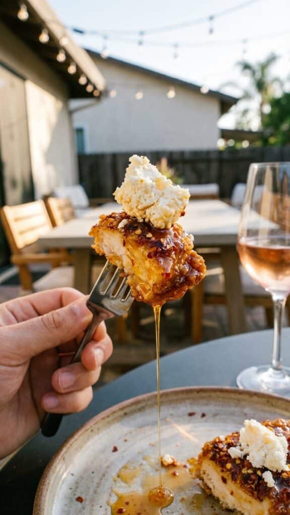 A close-up POV shot of a fork holding a piece of crispy chicken dripping with hot honey and topped with feta cheese.