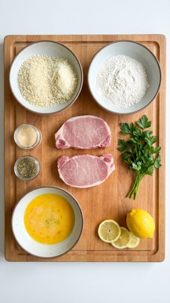 Overhead flat lay of ingredients: raw pork chops, panko breadcrumbs, parmesan cheese, eggs, flour, and spices arranged for dredging.